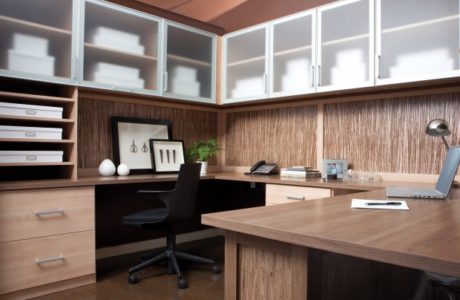 Light Brown Wood Grain Office With Shelves Drawers Wrap Around Desk and Cabinets with Frosted Glass Doors