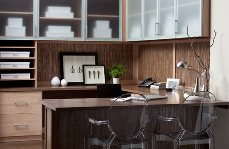 Light Brown Wood Grain Office With Shelves Drawers Wrap Around Desk and Cabinets with Frosted Glass Doors