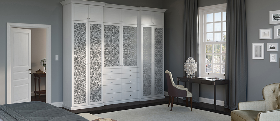 White Wardrobe With Dressers Drawers and Decorative Inlay Cabinet Doors