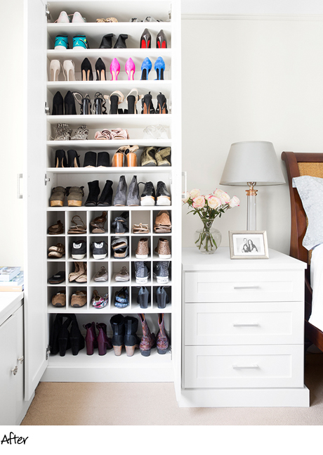 Beth Brenner's custom shoe storage doubles as a nightstand by California Closets