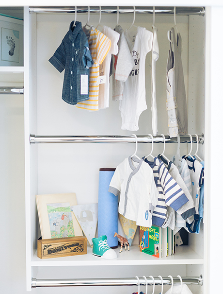 Clienty Story The Style Editrix Nursery Reach In Closet with Polished Metal Clothing Hanger Racks