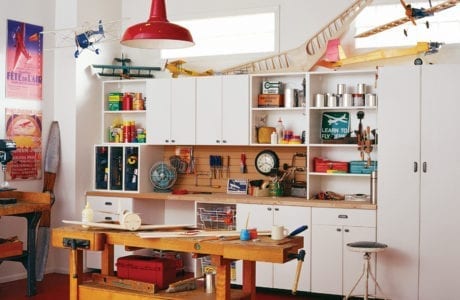 White Garage Storage with Closet Cabinets Shelves Drawers and Light Grain Work Space and Tool Rack