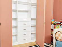 Sophie Donelson Client Story White Finished Closet with Polished Metal Hardware