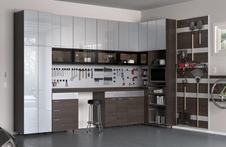 Dark Brown Wood Grain Garage Storage with Cabinets Shelving Tool and Hanging Racks Work Space and Grey High Gloss Cabinet Doors