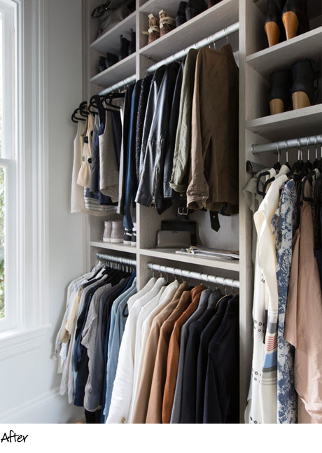 Organized clothing hanging in cream colored shelving