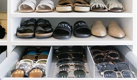 Shoes shelves and organized sunglasses in client Kimberly Lapides' new closet