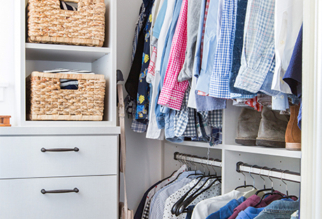 California Closets Emily Henderson shirts and drawers with wooden basketsCalifornia Closets Emily Henderson Client Story shirts and drawers