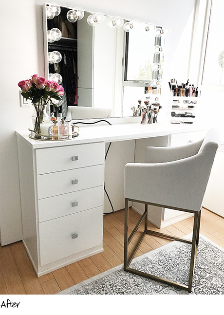 Kristine Leahy vanity with custom drawers in a white finish with box silver handles