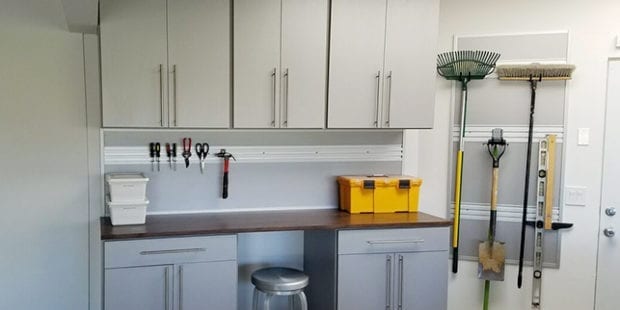 Garage Greatness for Organizer Peter Walsh in Light Gray Finish with Wooden Countertops