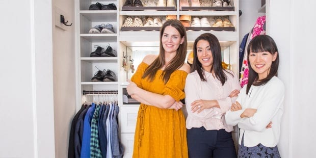 California Closets client Katie Hinz-Zambrano posing in her new closet with her designer and author Marie Kondo