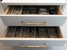 Lana Alicia Client Story Jewelry Drawer Close Up with Brown Velvet Inserts