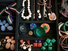Black Velvet Jewelry Box Close Up with Assorted Items