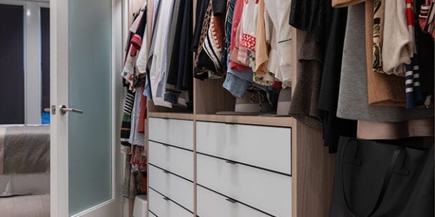 Mocha colored cabinet with white drawer fronts for beauty guru Jaime Rosen