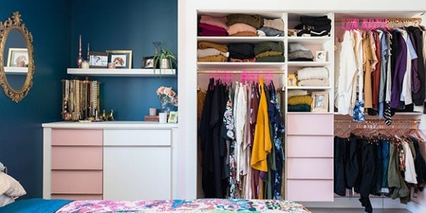 Pink and white closet in blue bedroom for Justine Ma