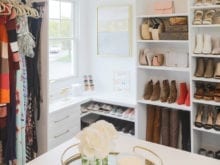 Corner of Kristen Lawler's custom closet with window, shelving for shoes and handbags