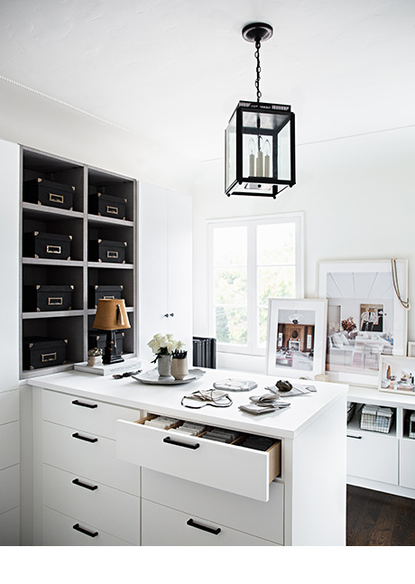 Jeremiah Brent's luxe design studio with custom dressers, shelving and built in credenza created by California Closets