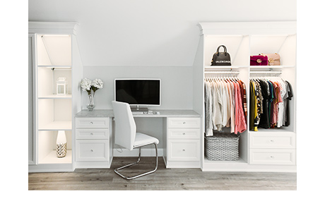 Classic white office for vlogger Shea Whitney by California Closets