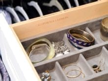 Organized jewelry drawer with Morning Fog insert in walk-in closet of influencer Kelly Natenshon