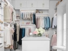 Custom white walk in closet for lifestyle blogger Kelly Page