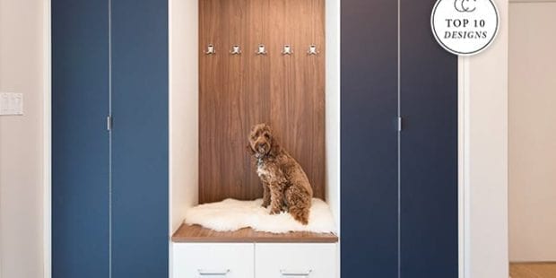 Dog sitting in entryway nook