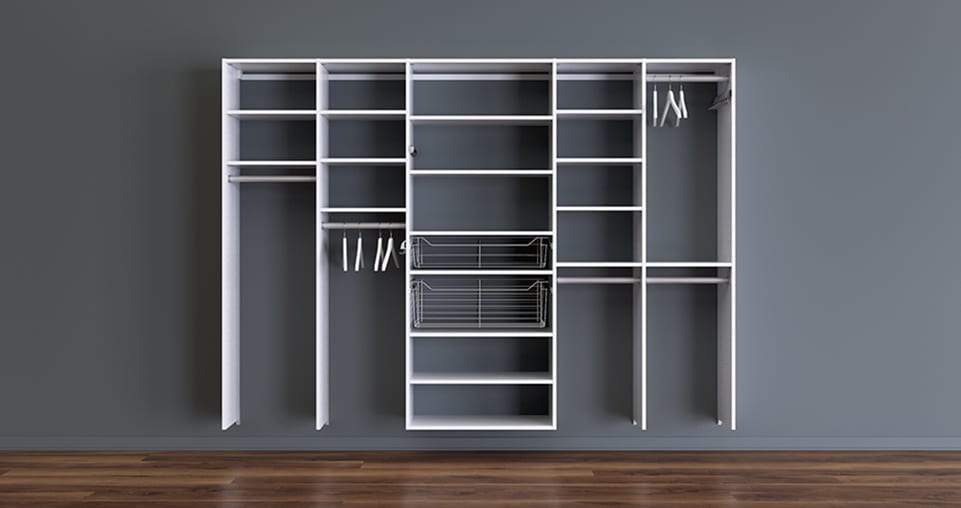 Floating white reach in closet shelves and hanging racks by California Closets