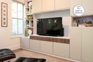 Entertainment center with tv and white cabinet doors