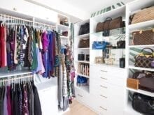 Various shelving and drawers for an organized walk in closet