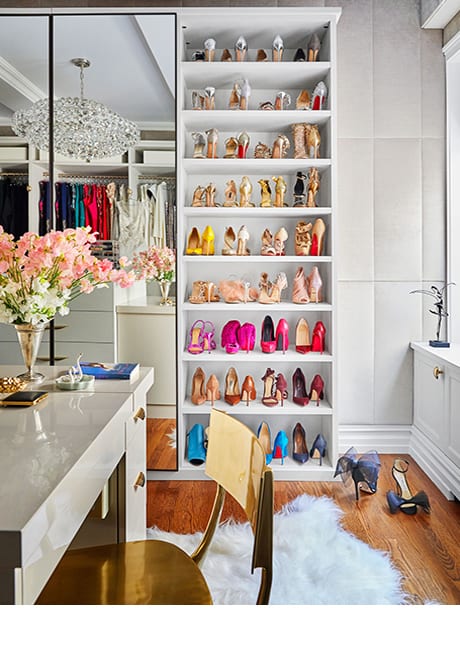 Floor to ceiling shoe shelves with colorful heels