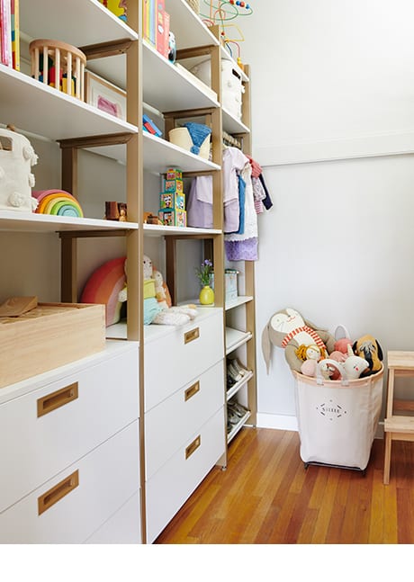 Custom storage cabinet with stuffed toys basket | California Closets