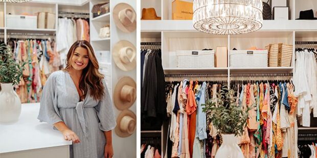 Custom walk-in closet with a chandelier | California Closets