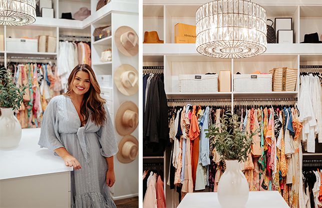 Custom walk-in closet with a chandelier | California Closets