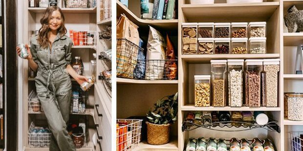 Lady in custom walk-in pantry | California Closets