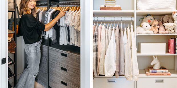 Camille Styles poses in custom grey kids closet with multiple spaces