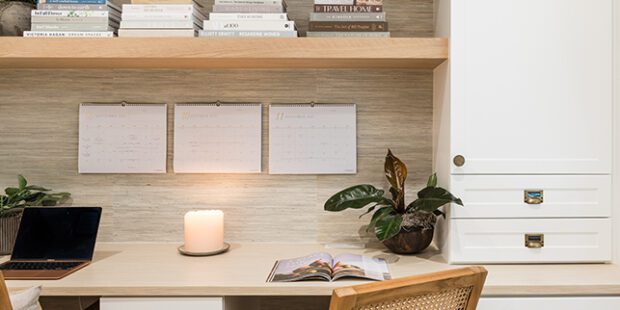 Custom home office with desk, chair, and drawers