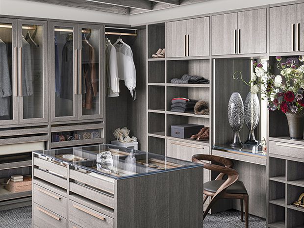 Empty Walk-in Closet With Shelves. Dressing Room Interior Elements