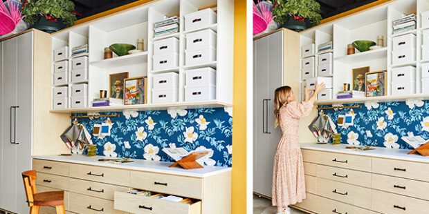 Custom garage cabinet with a built in storage system in a light wood finish featuring Dee Murphy