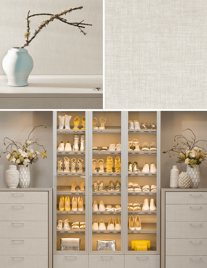 Natural linen finish walk in closet with shoe storage and built in dressers created by California Closets