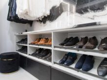 Custom white tone shoe rack with black drawers underneath