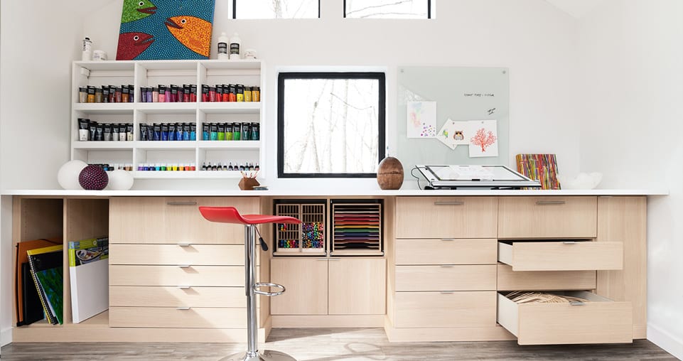 Custom home office with desk made by California Closets