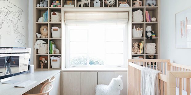 Combo nursery and custom home office with a shelving system designed by California Closets