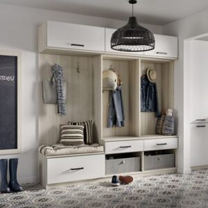 Mudroom entryway storage cabinets, shelves and bench design by California Closets Larchmont, New York