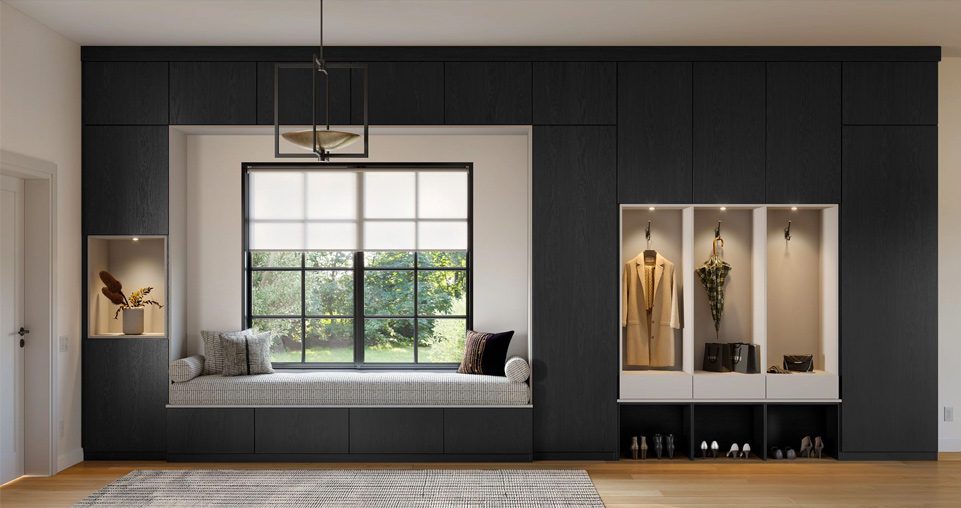 Mudroom entryway closet designed in a black wood grain with accent lighting and matte finish 