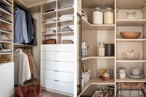 Estanterías a medida para vestidor y despensa en acabados blanco y madera natural creadas por California Closets.