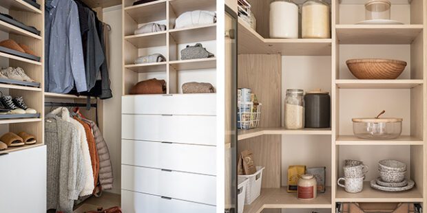 Custom walk in closet and kitchen pantry shelves in white and natural wood grain finishes created by California Closets