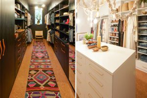 John Rankin’s closet with shoe and hat storage, open shelving and custom black finish cabinets and Meritt Elliot’s white wood grain walk in with a center island workspace by California Closets