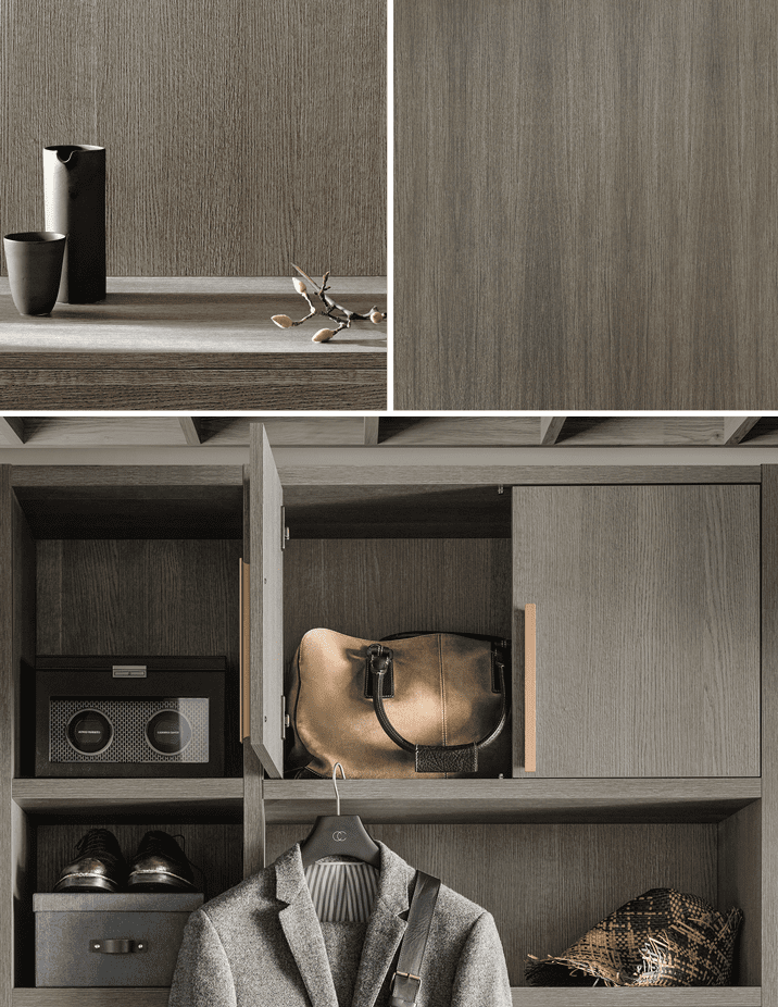 Small space storage cabinets in a dark wood grain finish created by California Closets
