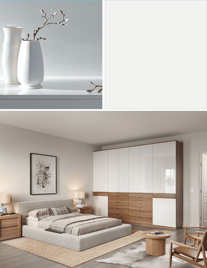 Armario en acabado blanco de alto brillo con armarios de madera veteada creado por California Closets