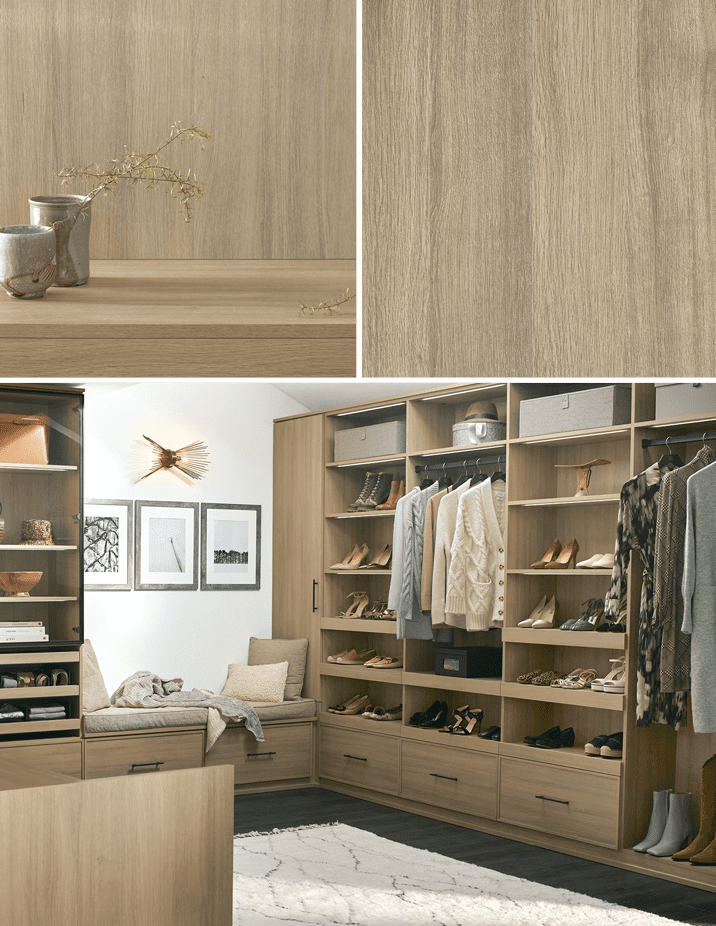 Custom walk in closet in modern oak finish with shelving, drawers, shoe storage and a seating bench by California Closets