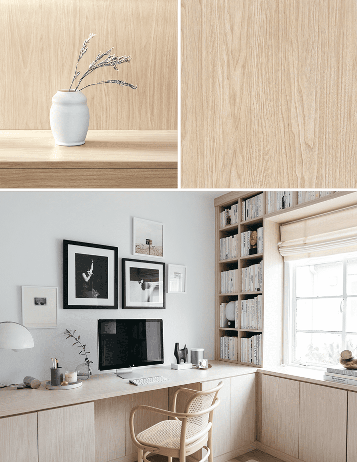 Una oficina en casa a medida con escritorio, estanterías y armarios en acabado de grano de madera natural diseñada por California Closets.