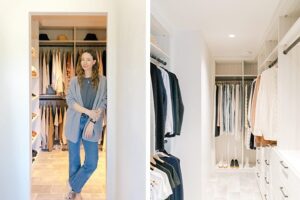 Armario vestidor de Jenni Kayne con acabado neutro de madera veteada, estanterías personalizadas, cajones y zapatero de California Closets.